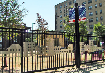 View of fence and banners