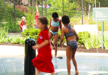 Girls playing in splash fountain